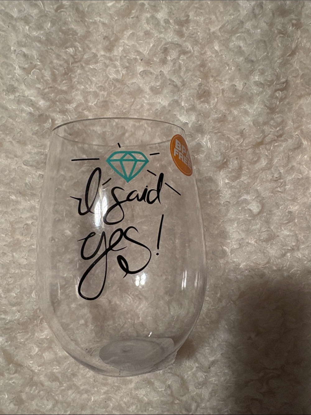 "I Said Yes!" Stemless Wine Glass with Teal Diamond Graphic